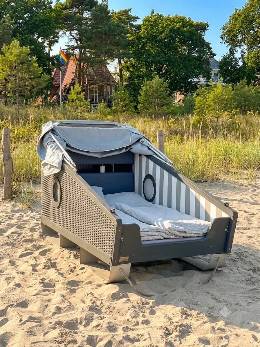Geöffneter Schlafstrandkorb mit vorbereiteter Liegefläche am Strand